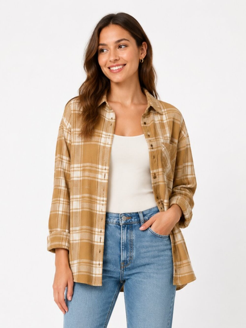 Gap Tan Cream Plaid Oversized Flannel Button-Down Shirt Women’s L